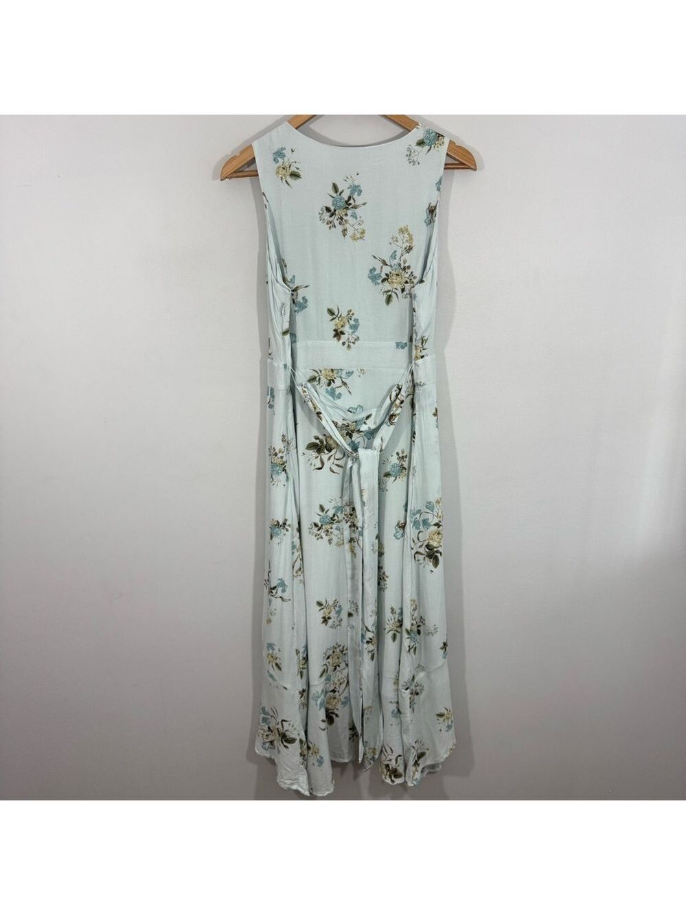 Cleo Petites Blue Floral Midi Dress 14P Wrap Style Sleeveless Ruffle Hem Garden - Picture 9 of 15